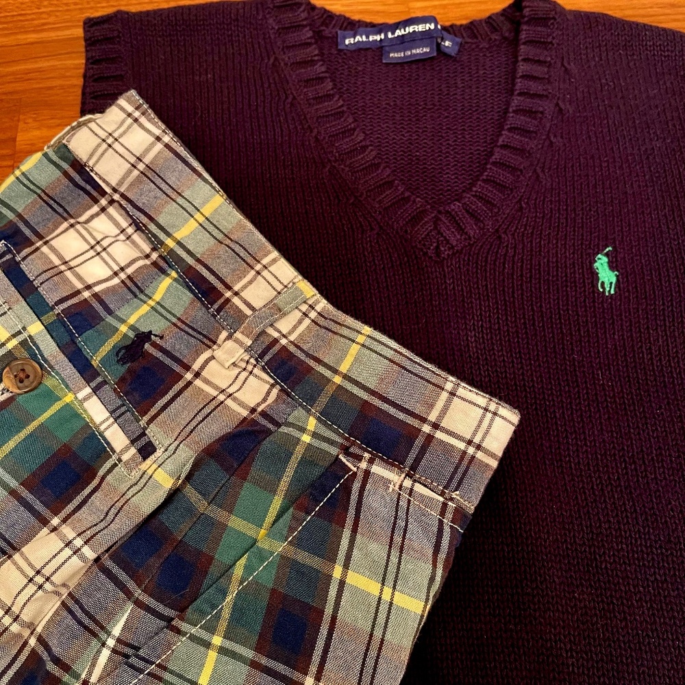 RALPH LAUREN POLO Boys Plaid Polo Golf Shorts and Navy Polo Vest - Size 10 / Med